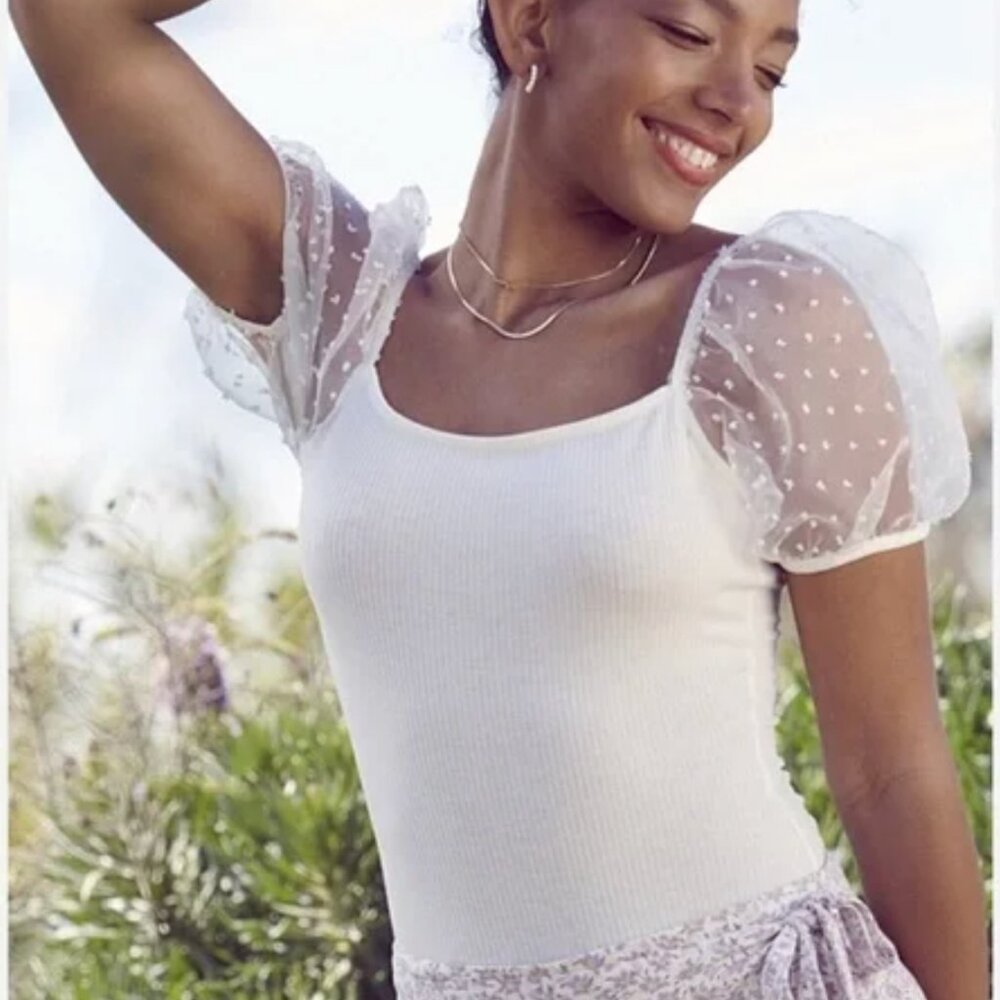 Altar’d State Sz M Puff Sleeve White Bodysuit Fairycore Whimsical Feminine